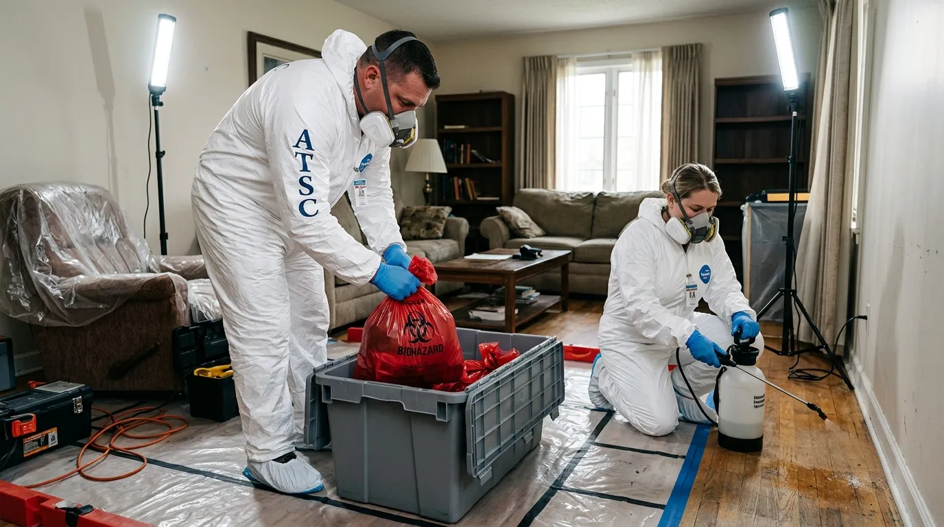 Professional Hoarding Cleanup technician in full PPE working in Troy
